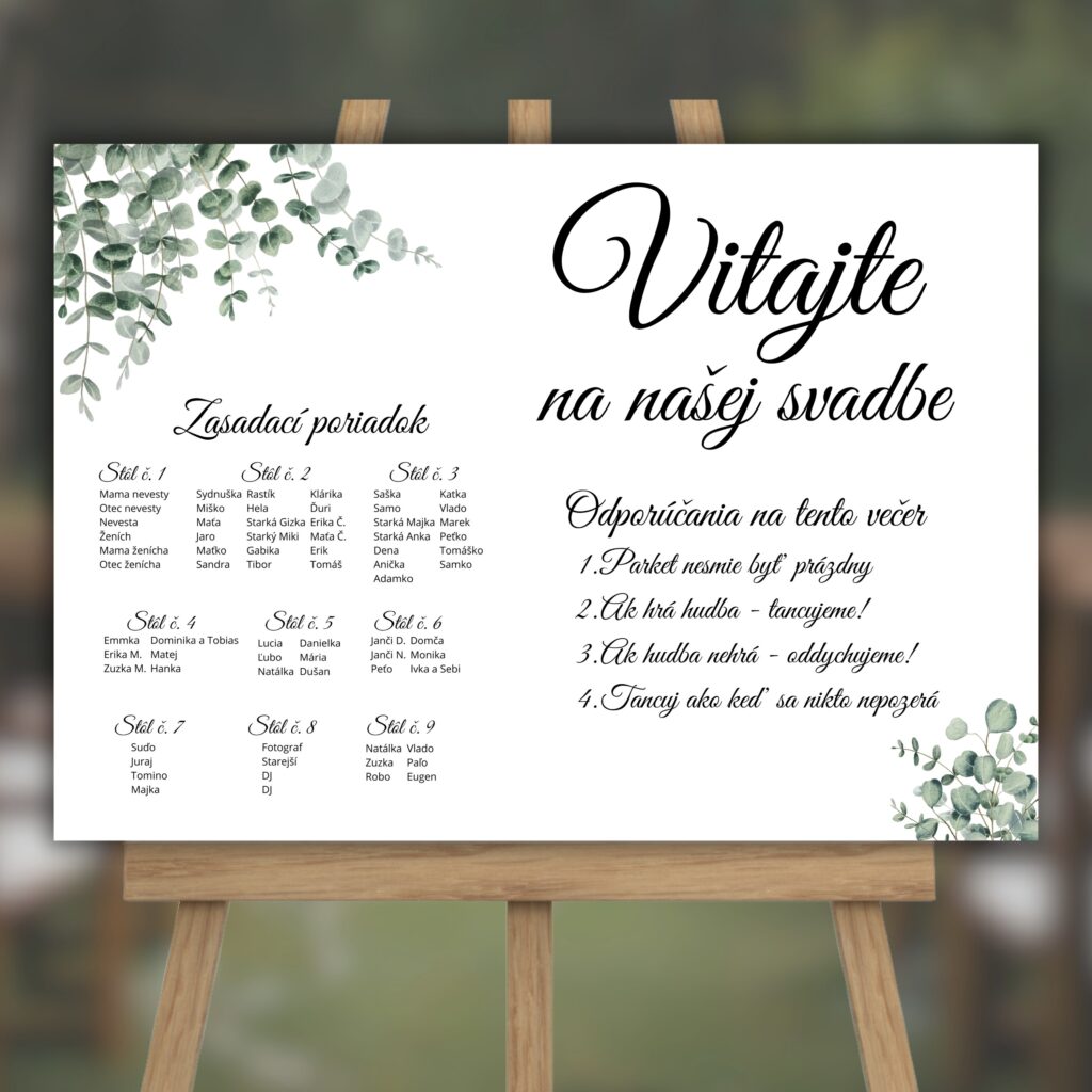 Uvítacia svadobná tabuľa so zasadacím poriadkom - jemný eukalyptus