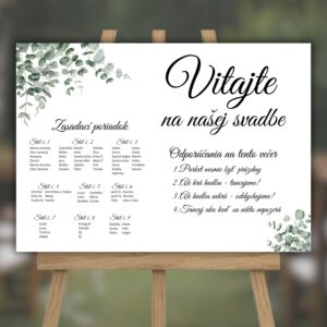 Uvítacia svadobná tabuľa so zasadacím poriadkom - jemný eukalyptus