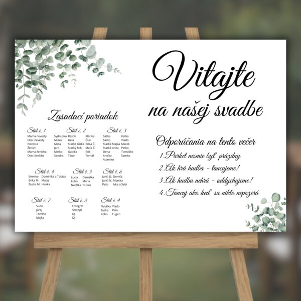 Uvítacia svadobná tabuľa so zasadacím poriadkom - jemný eukalyptus